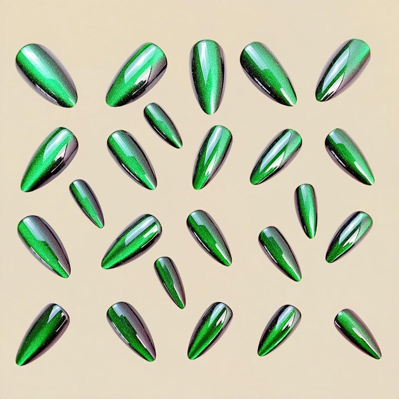 HJKDSFD Green Glitter Press on Nails Medium Almond Fake Nails with Solid Color Gradient Designs Green Stiletto Acrylic False Nails Glossy Artificial Nail Reusable Glue on Nails for Women 24Pcs - Image 3